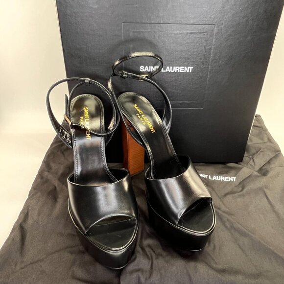 Saint Laurent Jodie Size 8B Calf Leather Ankle-Strap Platform Sandals Nero Color - Picture 1 of 16